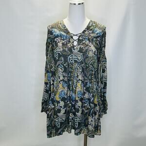 Free People Rain or Shine Paisley Mini Sun Dress Size XS Tunic Swing Boho Shift
